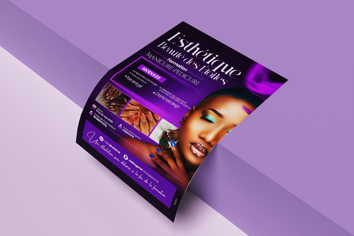 winographique's tweet photo. Affiche réalisée pour la formation *Esthétique Beauté des Étoiles* 💅  
Un visuel vibrant et élégant pour mettre en valeur la beauté, le savoir-faire et l’univers de la manucure/pédicure.  
#AfficheProfessionnelle #GraphisteTogo #DesignVisuel #FormationBeauté https://t.co/jpLXoMbzk5