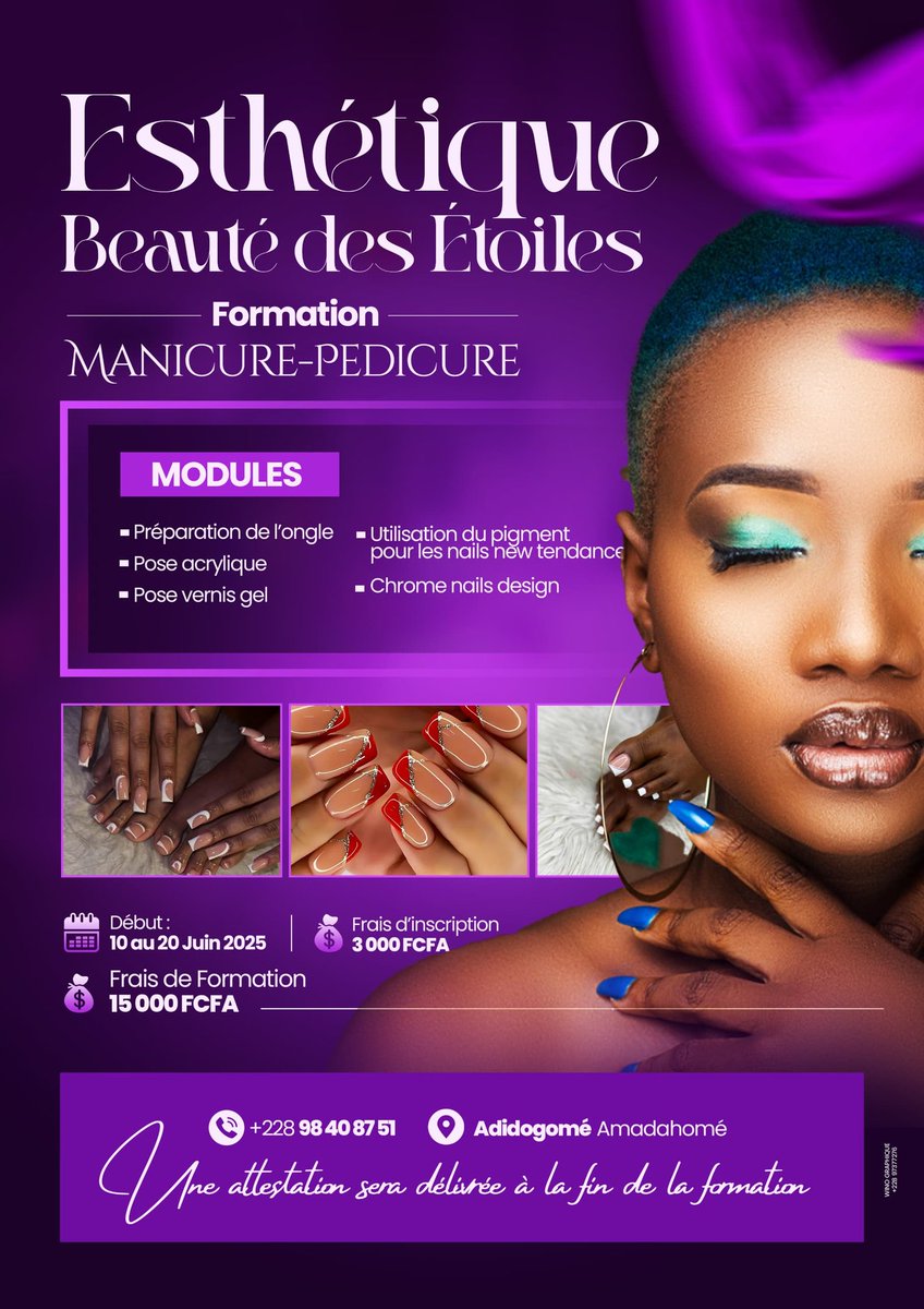 winographique's tweet photo. Affiche réalisée pour la formation *Esthétique Beauté des Étoiles* 💅  
Un visuel vibrant et élégant pour mettre en valeur la beauté, le savoir-faire et l’univers de la manucure/pédicure.  
#AfficheProfessionnelle #GraphisteTogo #DesignVisuel #FormationBeauté https://t.co/jpLXoMbzk5