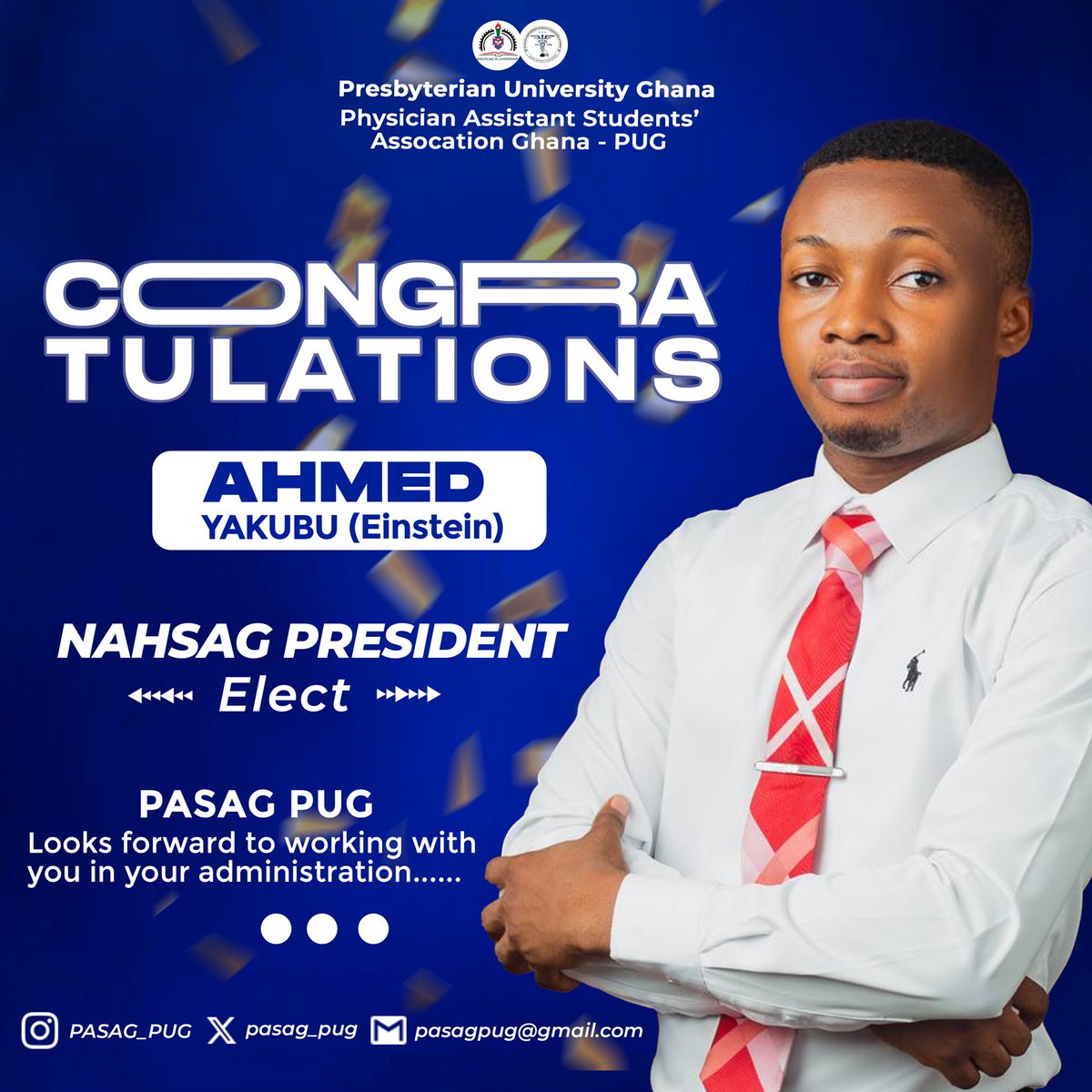 PASAG-PUG wishes to congratulate H.E AHMED YAKUBU for his victory in the NAHSAG PRESIDENTIAL ELECTION
We look forward to working together with you in your administration. 

Congratulations 🍾🎈 Once again