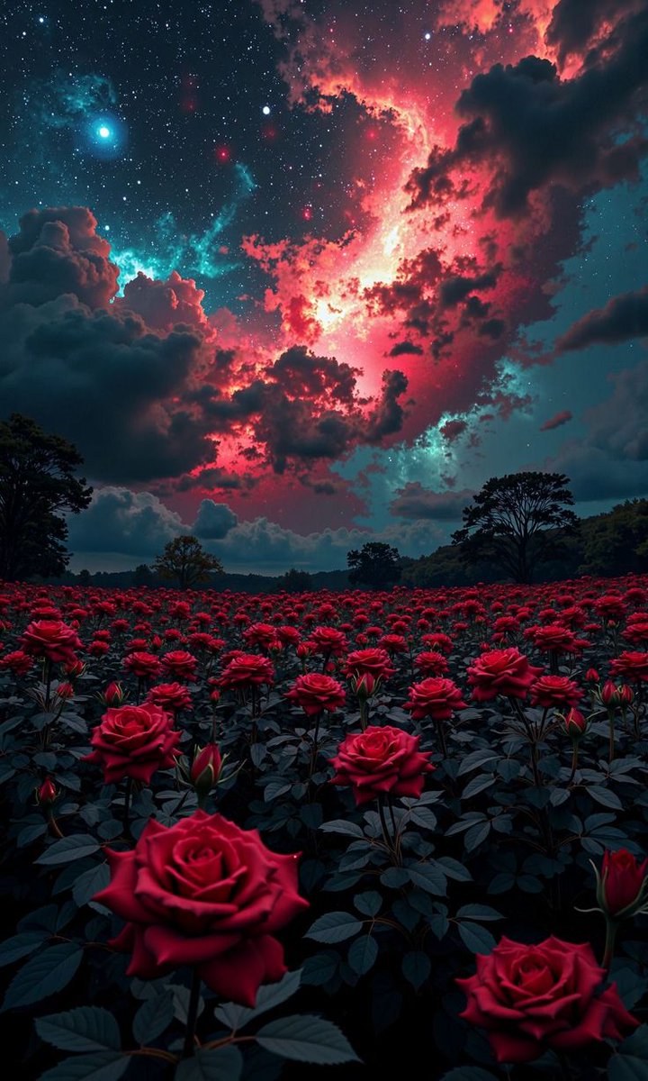 Roses rise like wishes from stardust soil,beneath a sky ablaze with forgotten dreams of fire.