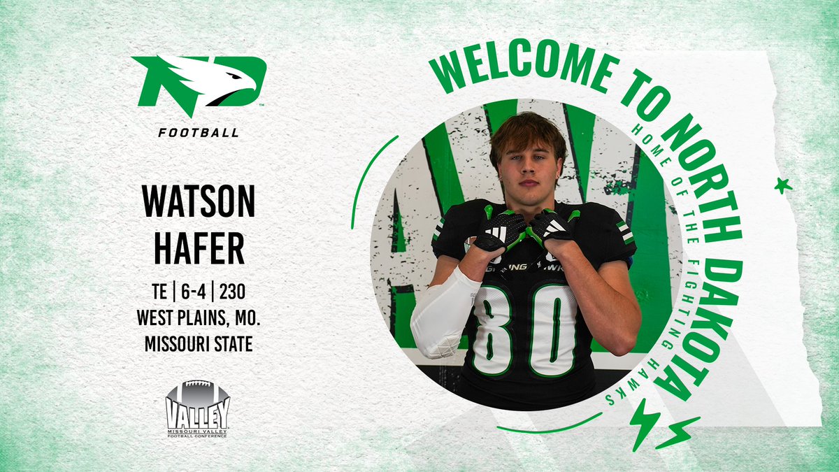 North Dakota Football (@undfootball) on Twitter photo The pass-catching TE from Missouri State, <a href="/WatsonHafer/">Watson Hafer</a> has signed with North Dakota!
#UNDproud | #LGH The pass-catching TE from Missouri State, <a href="/WatsonHafer/">Watson Hafer</a> has signed with North Dakota!
#UNDproud | #LGH