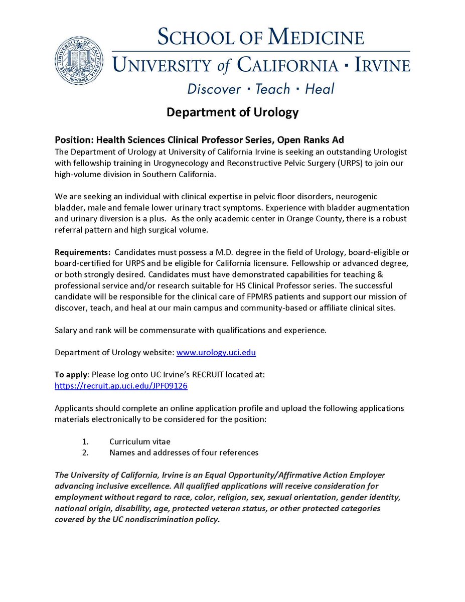UCI Urology (@uci_urology) on Twitter photo Seeking an outstanding Urogynecology & Reconstructive Pelvic urologist with fellowship training to join our high-volume URPS division in Southern California.
To Apply: recruit.ap.uci.edu/JPF09126
<a href="/jaimelandmanuci/">Jaime Landman</a> <a href="/livchang/">Olivia H. Chang, MD, MPH</a> <a href="/ZhinaSadeghi/">Zhina</a> <a href="/GamalGhoniem/">Gamal Ghoniem</a> <a href="/sufuorg/">SUFU</a> Seeking an outstanding Urogynecology & Reconstructive Pelvic urologist with fellowship training to join our high-volume URPS division in Southern California.
To Apply: recruit.ap.uci.edu/JPF09126
<a href="/jaimelandmanuci/">Jaime Landman</a> <a href="/livchang/">Olivia H. Chang, MD, MPH</a> <a href="/ZhinaSadeghi/">Zhina</a> <a href="/GamalGhoniem/">Gamal Ghoniem</a> <a href="/sufuorg/">SUFU</a>