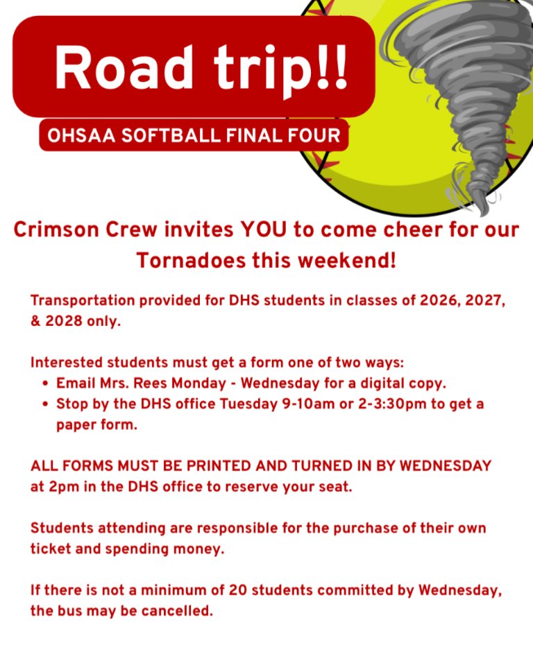🥎🌪️ Softball Update 🌪️🥎

Send-off event on Friday AND a spirit bus opportunity for students. See pictures below for details