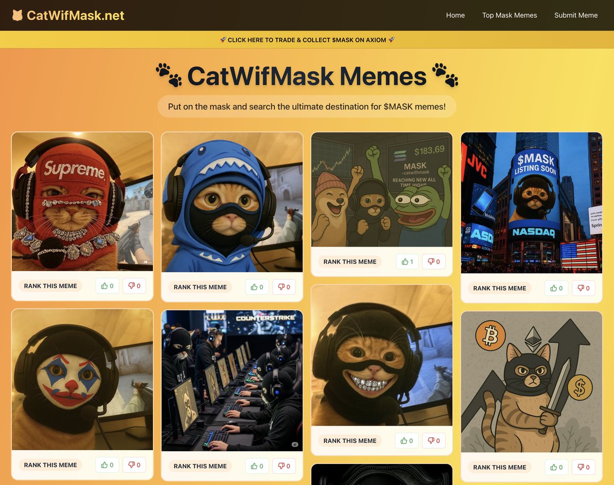 cryptocoinwatch's tweet image. Imagine every $Mask meme in one spot - plus the power to vote on the best ones. You don’t have to imagine anymore.
Catwifmask.net -- You're welcome! 😺