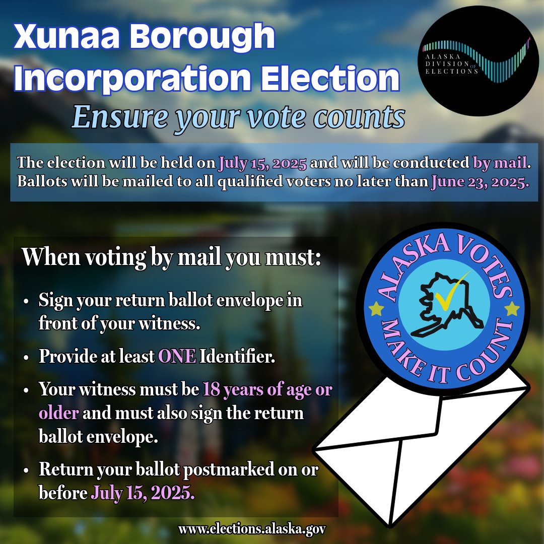 ak_elections's tweet image. #reminder The July 15th Xunaa Borough Incorporation Election is a by-mail election. For more information about the election go to: elections.alaska.gov/xunaa-election/
#stateofalaska #AlaskaVotes