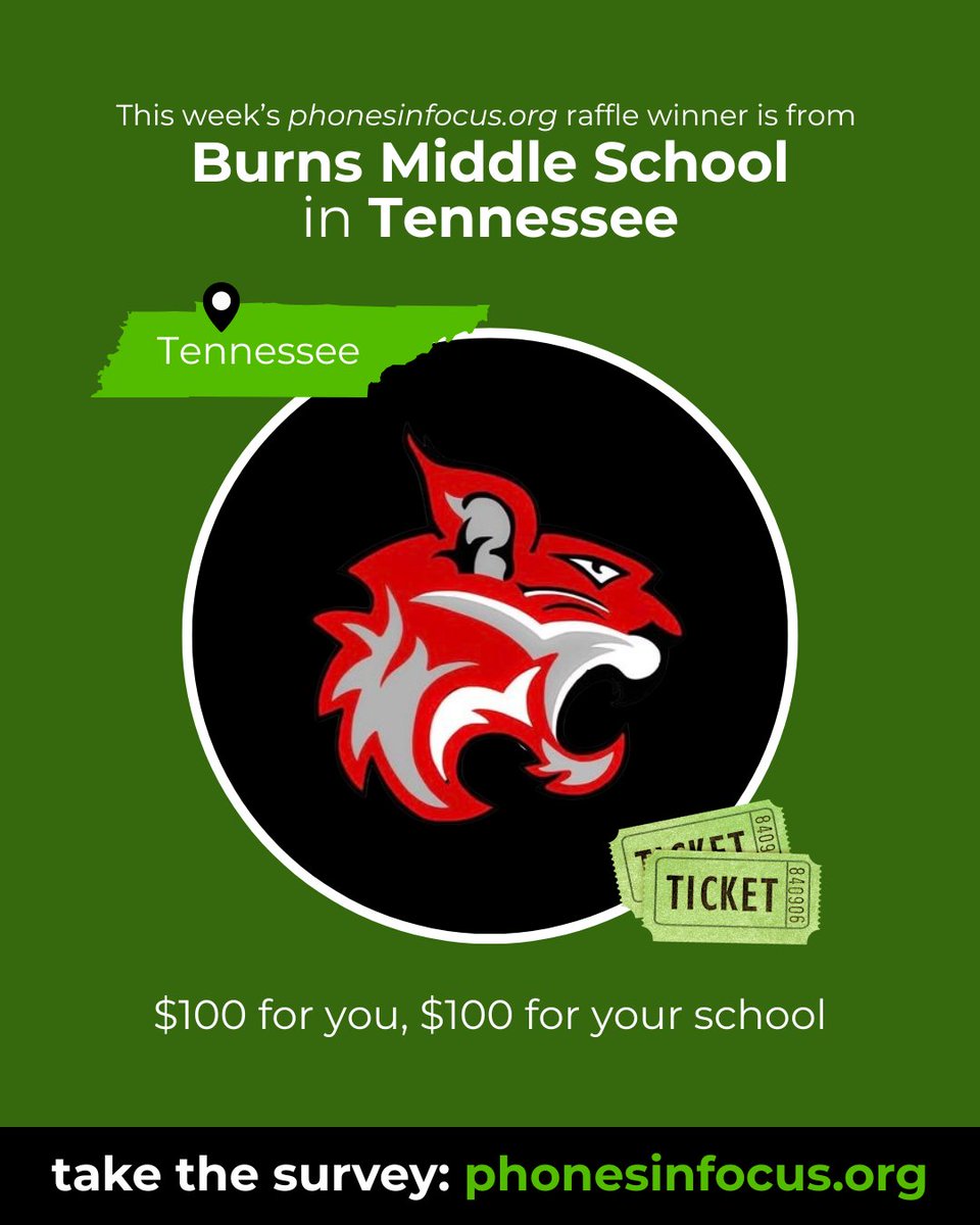 angeladuckw's tweet image. 🎉 Congrats to this week’s raffle winner from @BurnsMiddleScho in Tennessee!
🏫📚 TEACHERS: take the confidential phonesinfocus.org survey to help shape policy and see how your school compares PLUS be eligible for our next drawing!
#PhonesInFocus #EdResearch…