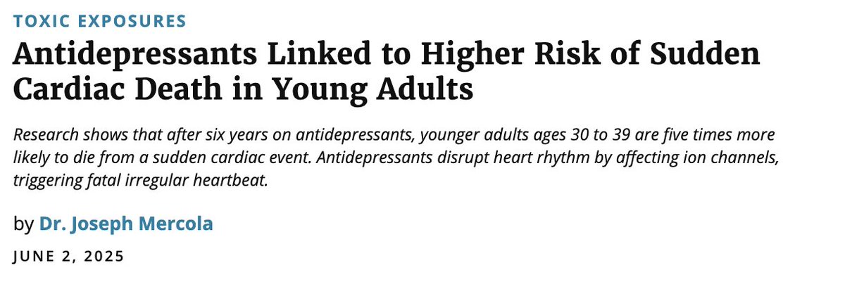 🚩 WARNING: Research shows that after six years on antidepressants, younger adults ages 30 to 39 are five times more likely to die from a sudden cardiac event. 

READ MORE 👇 
childrenshealthdefense.org/defender/antid…