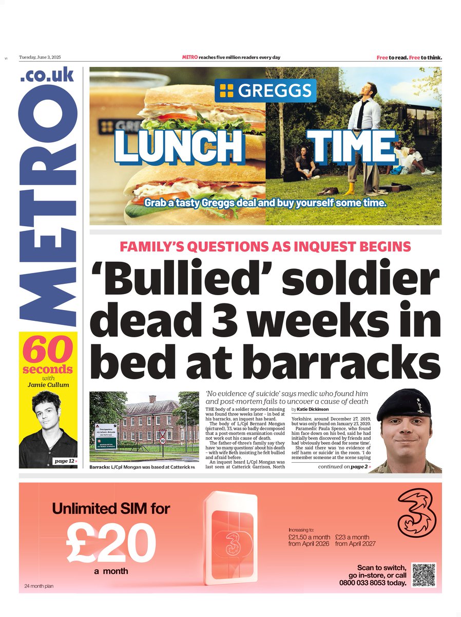 Metro: 'Bullied' soldier dead 3 weeks in bed at barracks #TomorrowsPapersToday