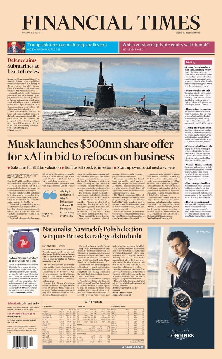 Financial Times: Musk launches $300mn share offer for xAI in bid to refocus on business #TomorrowsPapersToday