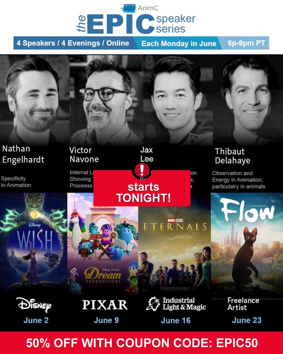 In collaboration with <a href="/animationcollab/">Animation Collaborative</a>: 
Starts TONIGHT! Final chance to join the June 2025 EPIC Speaker Series—4 unforgettable nights with top industry pros dropping major animation wisdom! 🎤✨
 🗓️ 4 nights
 ⏰ 6–9pm PST 
 🔥 Use code EPIC50 for 50% off !
Link in our bio