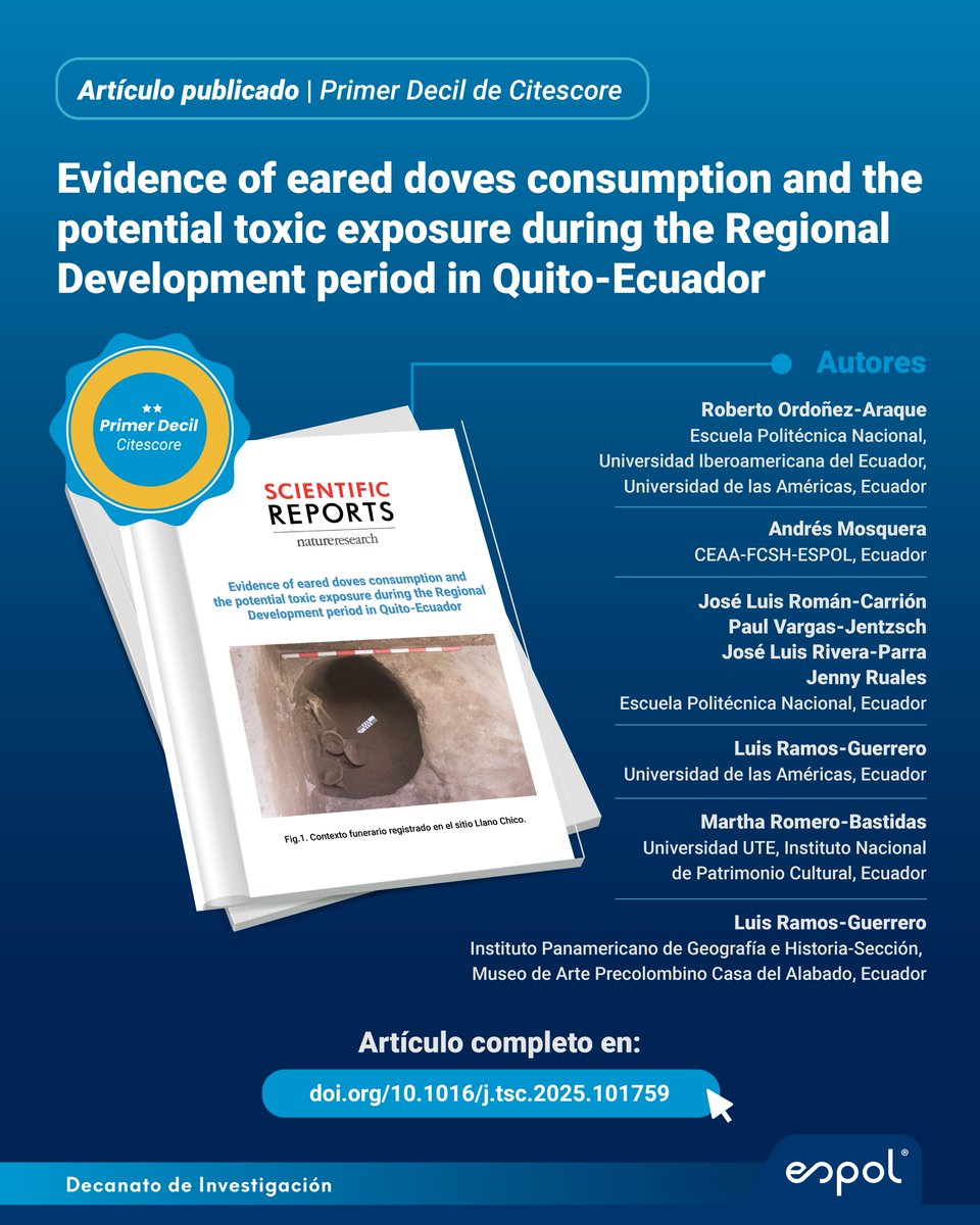 Destacamos artículo primer decil sobre análisis arqueológicos en Llano Chico, Quito. Se identificaron restos faunísticos de Zenaida cf. auriculata en cerámicas y metales pesados en sedimentos, evidenciando contaminación en periodo de Desarrollo Regional.
🔗doi.org/10.1038/s41598…