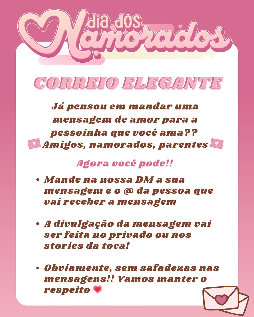 tocaartistasyey's tweet photo. O correio elegante chegou e pode ser anônimo ou não, vai da sua preferencia 💗
Mande para a pessoinha que vc está de olho, amigos ou ate mesmo parentes!
Não perde essa chance, é de graça 🤭
.
.
#diadosnamorados #amor #tocadosartistas #eventotoca https://t.co/MxwpTpv5Mm