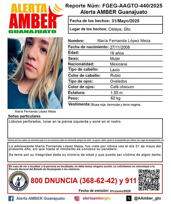 ¿La has visto?
Ayuda a María Fernanda López Meza a regresar con sus seres queridos 🫡
#AlertaAmber #AlertaAmberGuanajuato #Celaya #Guanajuato #celayagto
