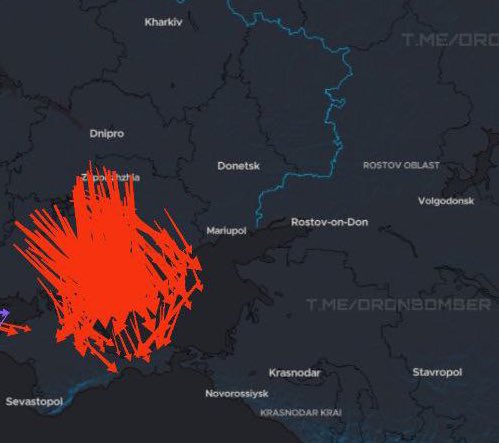 Over 200 Ukrainian 🇺🇦 Long-range kamikaze drones are currently flying toward Eastern Crimea