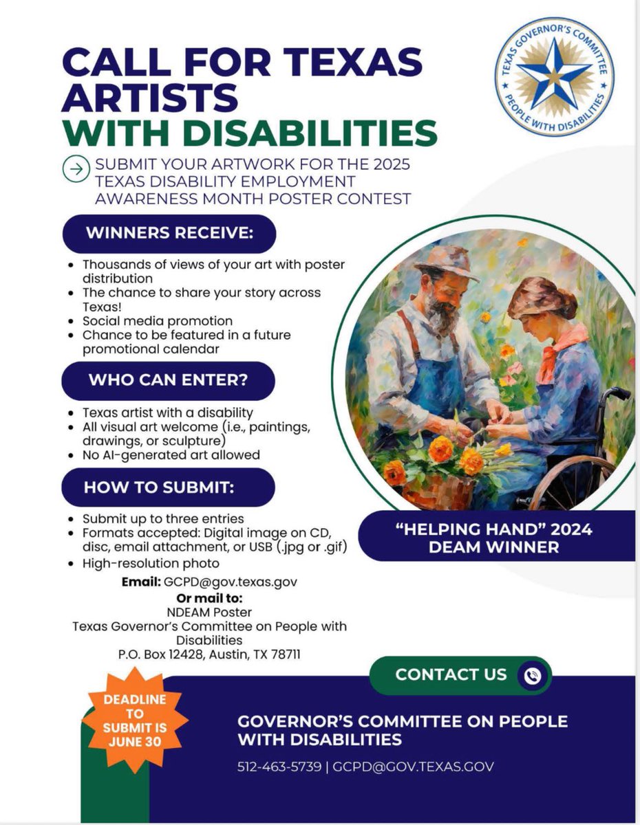 Cecilia Abbott (@texasflca) on Twitter photo Calling all Artists with a Disability! Submit your artwork for the 2025 Texas Disability Employment Awareness Month poster contest. The deadline to submit is June 30! Email your submissions to GCPD@gov.texas.gov. Calling all Artists with a Disability! Submit your artwork for the 2025 Texas Disability Employment Awareness Month poster contest. The deadline to submit is June 30! Email your submissions to GCPD@gov.texas.gov.