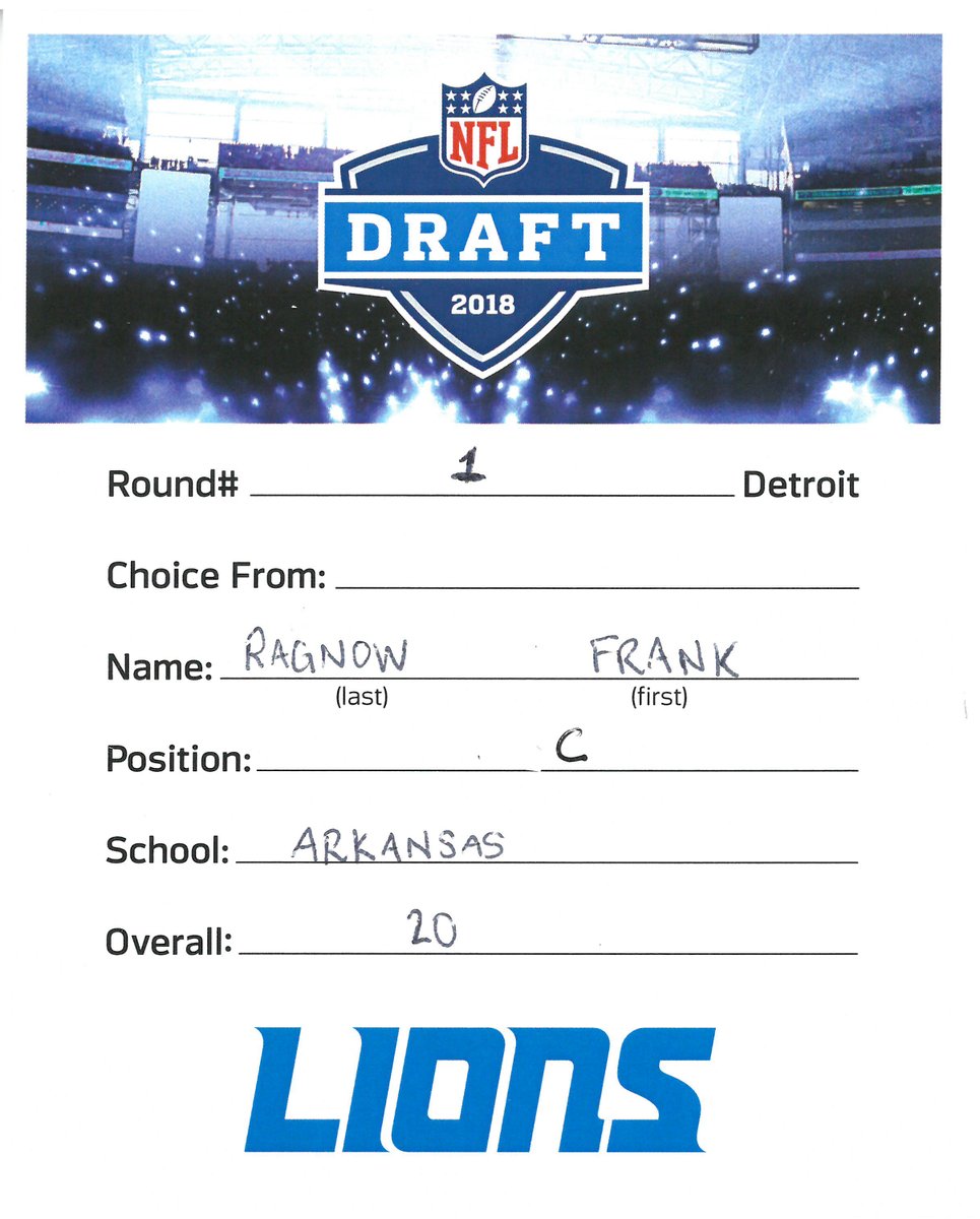 Frank Ragnow, <a href="/Lions/">Detroit Lions</a> C - With news of Ragnow's retirement, below is his official NFL Draft Card from 2018. The card is kept at <a href="/ProFootballHOF/">Pro Football Hall of Fame</a>. #OnePride #Lions #Detroit #NFL #NFLUK #NFL2025 #NFLDraft2025 #Ragnow