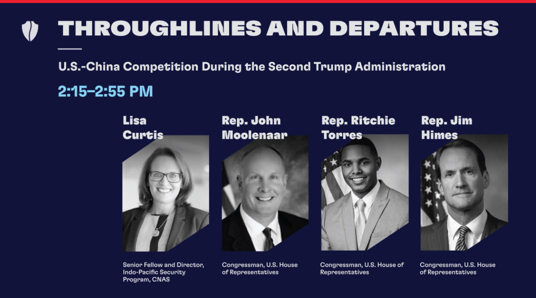 Lisa Curtis (@lisacurtisdc) on Twitter photo Tune into <a href="/CNASdc/">CNAS</a> 2025 Annual Conference “America’s Edge” tomorrow (June 3). Watch at 215 pm for my conversation with <a href="/RepMoolenaar/">Rep. John Moolenaar</a> <a href="/jahimes/">Jim Himes 🇺🇸🇺🇦</a> <a href="/RepRitchie/">Rep. Ritchie Torres</a> on US-China Strategic Competition. Tune into <a href="/CNASdc/">CNAS</a> 2025 Annual Conference “America’s Edge” tomorrow (June 3). Watch at 215 pm for my conversation with <a href="/RepMoolenaar/">Rep. John Moolenaar</a> <a href="/jahimes/">Jim Himes 🇺🇸🇺🇦</a> <a href="/RepRitchie/">Rep. Ritchie Torres</a> on US-China Strategic Competition.
