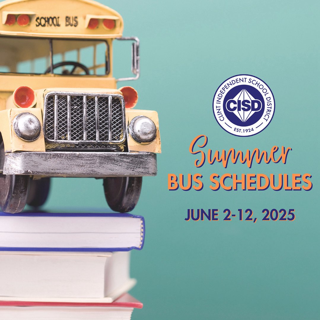 We are excited summer school is in session. Clint ISD's summer bus schedules are available on our district website. Please visit to find your child's route and stops. 🚌☀️

tinyurl.com/pt736ukb

#WeAreClintISD #YouMakeUsClintISD