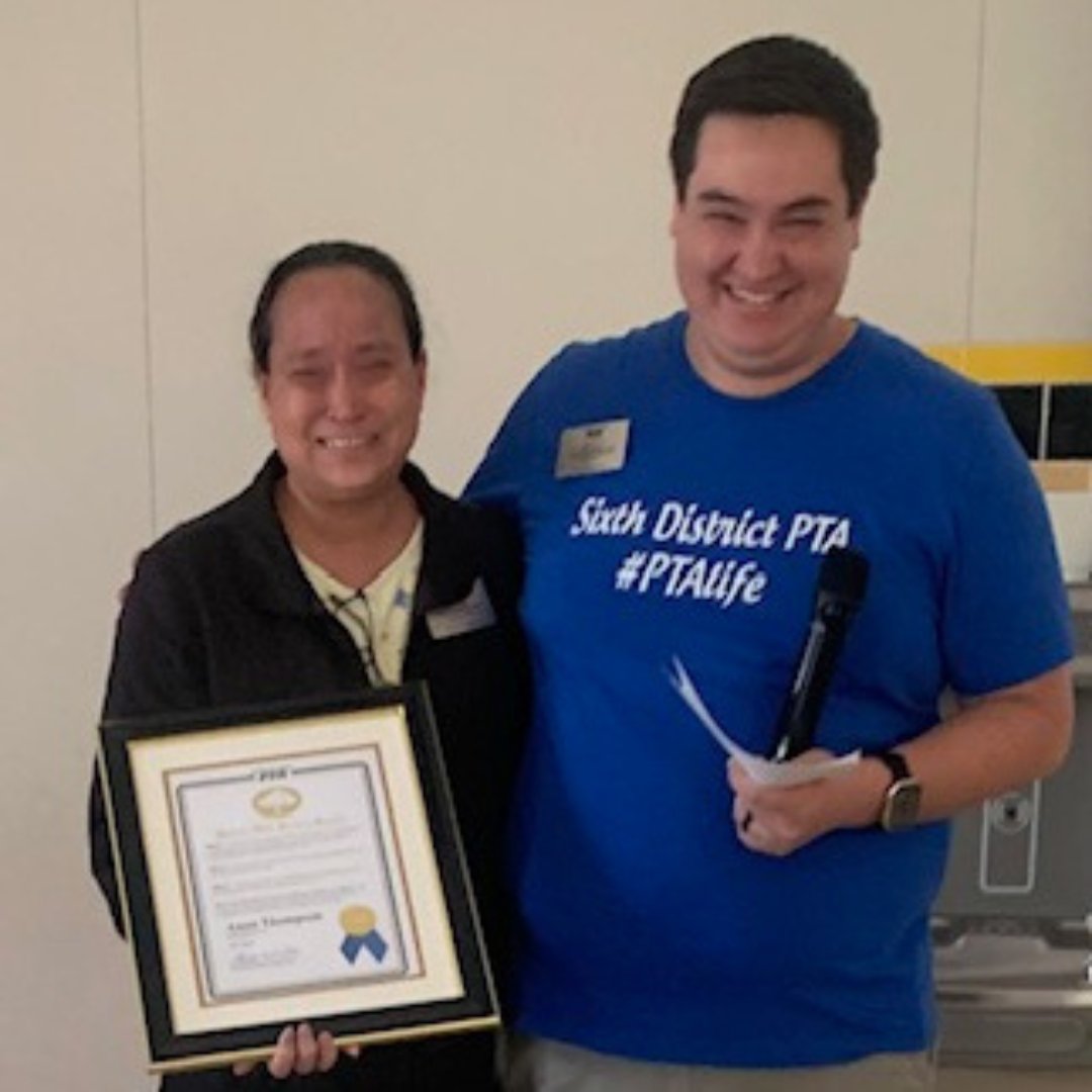Congratulations to the 2025 Sixth District PTA HSA Honorees! 

Anna Thompson received a Golden Oak Award presented by her son, Eric Thompson, who received an Honorary Service Award.

Linda Pfeifer received an Honorary Service Award, presented by Shanta Dominguez.