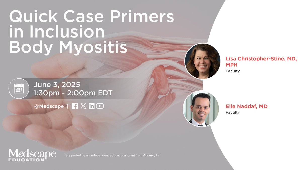 Medscape Neurology (@medscapeneuro) on Twitter photo 𝐓𝐎𝐌𝐎𝐑𝐑𝐎𝐖! Don't miss this fast-paced but deep dive into real-life inclusion body myositis cases, led by @drlisacs + <a href="/ElieNaddaf3/">Elie Naddaf</a>.
IBM is rare, but the misdiagnoses are common. Get up to speed on what every clinician needs to know! ➡️ ms.spr.ly/6018SdFwQ 𝐓𝐎𝐌𝐎𝐑𝐑𝐎𝐖! Don't miss this fast-paced but deep dive into real-life inclusion body myositis cases, led by @drlisacs + <a href="/ElieNaddaf3/">Elie Naddaf</a>.
IBM is rare, but the misdiagnoses are common. Get up to speed on what every clinician needs to know! ➡️ ms.spr.ly/6018SdFwQ
