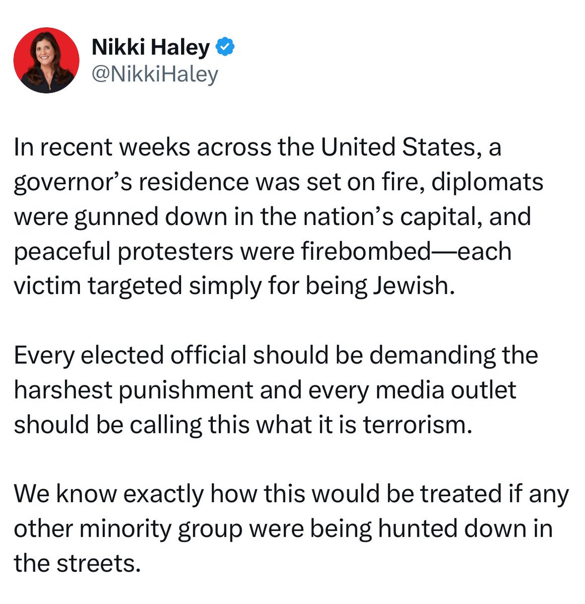 🚨Nikki Haley’s statement on the surge in antisemitic violence in America

“Every elected official should be demanding the harshest punishment and every media outlet should be calling this what it is, terrorism.”