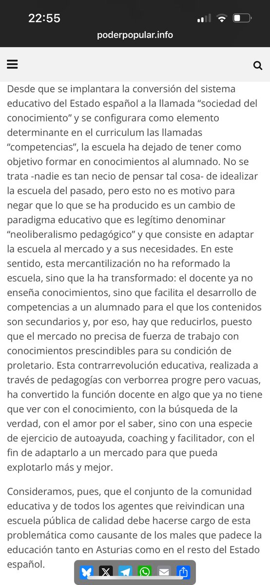 El profesorado se moviliza por sus condiciones de trabajo, carga burocrática y el nuevo papel que les ha dado el “neoliberalismo pedagógico” y q consiste en adaptar la escuela al mercado y a sus necesidades… “el docente ya no enseña conocimientos…” gracias por decirlo tan claro