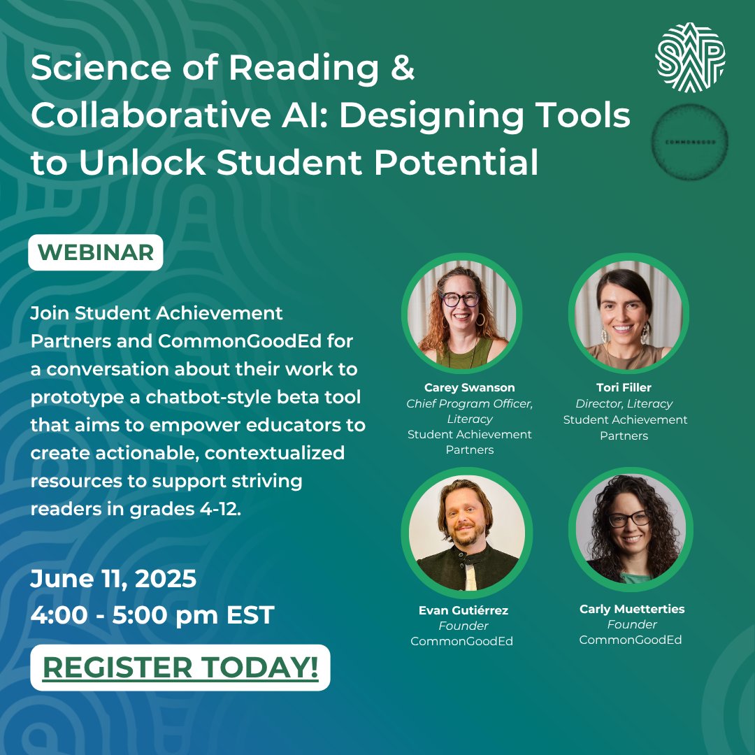 SAP’s Carey Swanson and Tori Filler will join CommonGoodEd to discuss a chatbot-style beta tool that aims to empower educators to create actionable, contextualized resources to support striving readers in grades 4-12. Join us or sign up for resources - bit.ly/3SZVSAV.