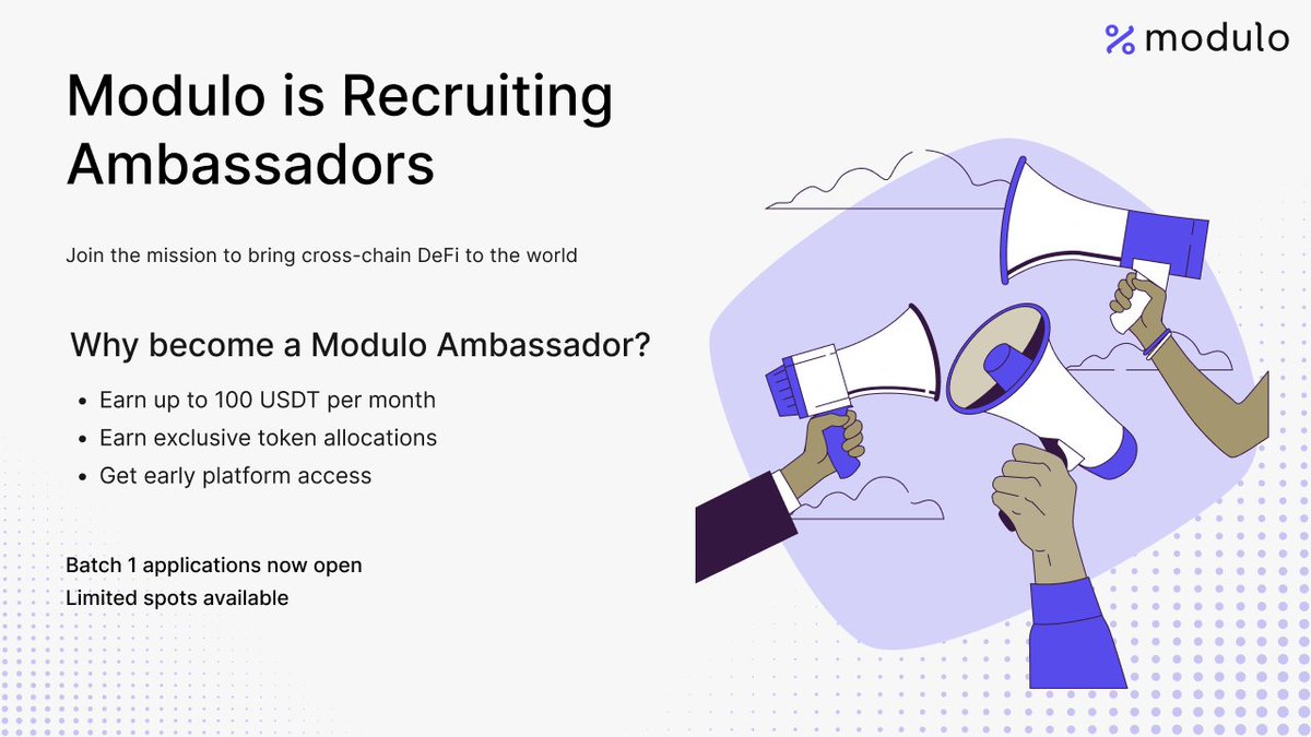 modulo_ryan's tweet image. Modulo is recruiting Ambassadors!

Help us launch our testnet:

-Earn up to $100/month
-Get early access &amp;amp; token rewards
-Apply here: forms.gle/7xqA6YAYJKfLyu…
-Limited spots for Batch 1 - don&apos;t miss out!