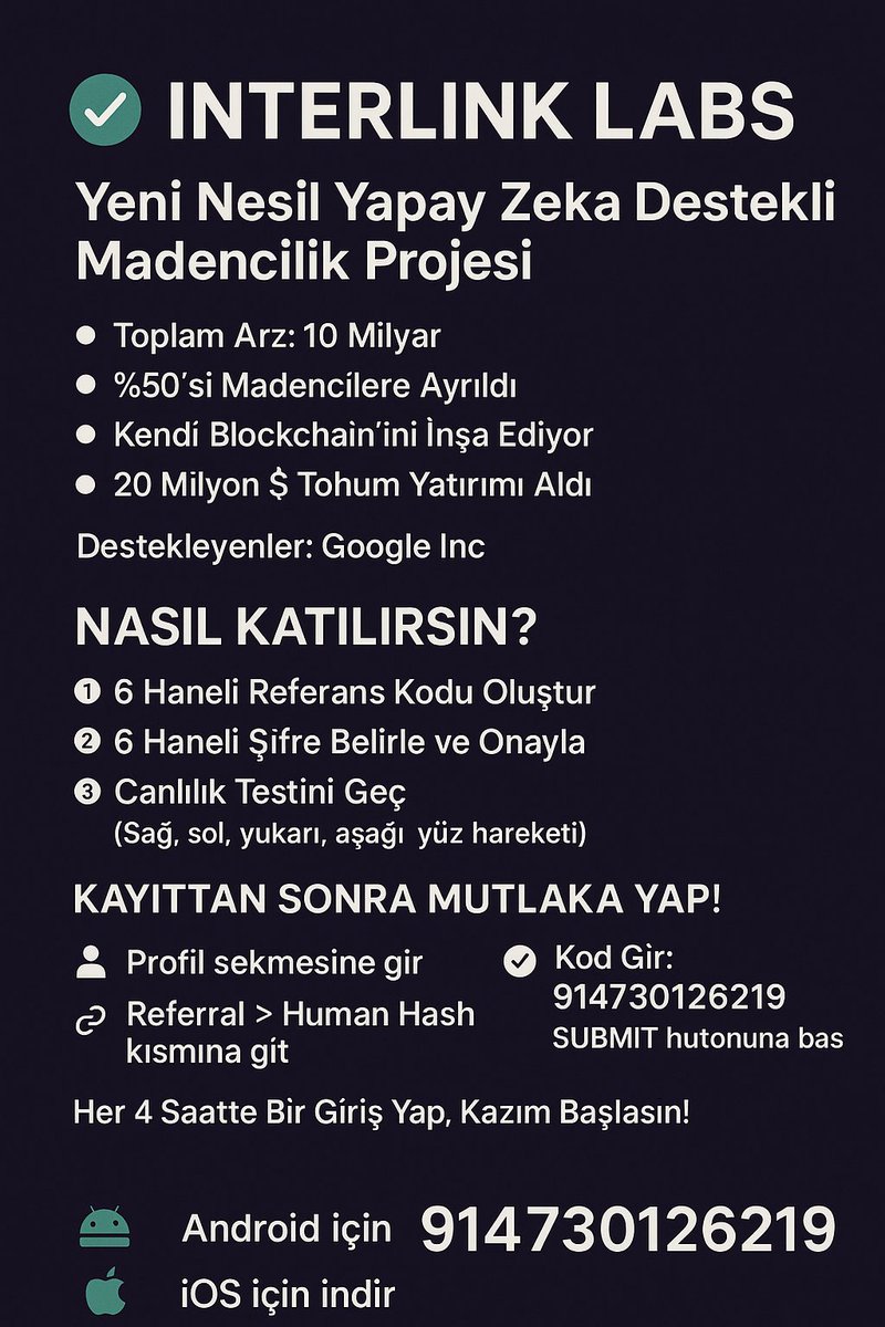 apps.apple.com/us/app/interli…

play.google.com/store/apps/det…

Referans =914730126219

#Airdrop #İnterlink  $ITLG #pi #pinetwork #bless #dawn #kriptopara #btc #binance          #alpaca