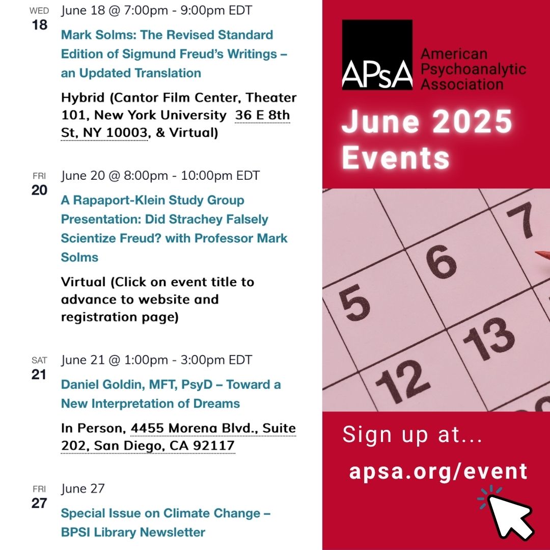 Summer is finally here and our online Calendar of Events is full of ways to engage with #psychoanalysis this #June!

There are unusual events including an innovative newsletter edition, film screenings, and a study group presentation.

Find out more!
🌻apsa.org/event