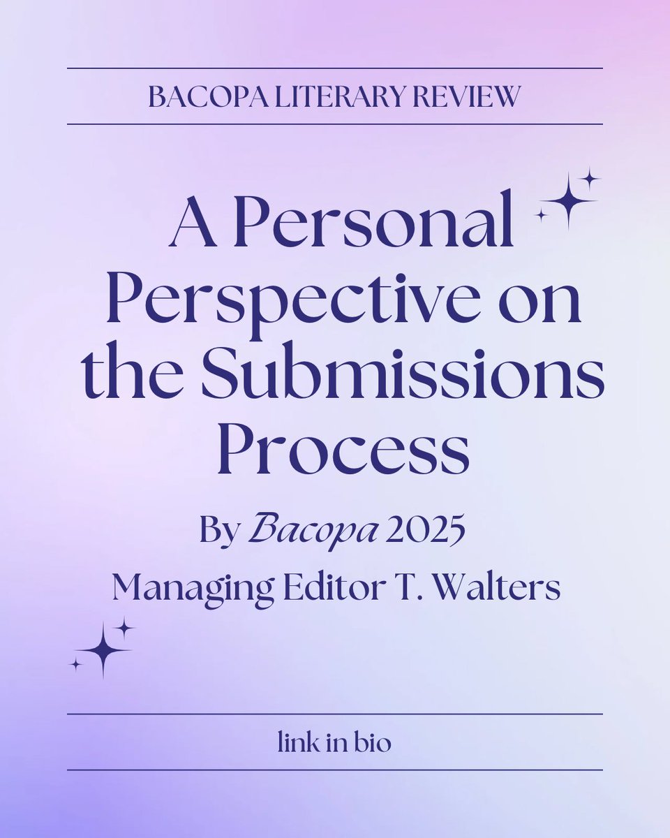 Bacopa Literary Review (@bacopalitreview) on Twitter photo Thank you to everyone who submitted to our annual contest!
In this week’s blog post, Bacopa Managing Editor T. Walters shares how their perspective around submitting their work changed when they joined this editorial board.
Read at the link below:
…iteraryrevieweditorsblog.blogspot.com/2025/06/a-pers… Thank you to everyone who submitted to our annual contest!
In this week’s blog post, Bacopa Managing Editor T. Walters shares how their perspective around submitting their work changed when they joined this editorial board.
Read at the link below:
…iteraryrevieweditorsblog.blogspot.com/2025/06/a-pers…