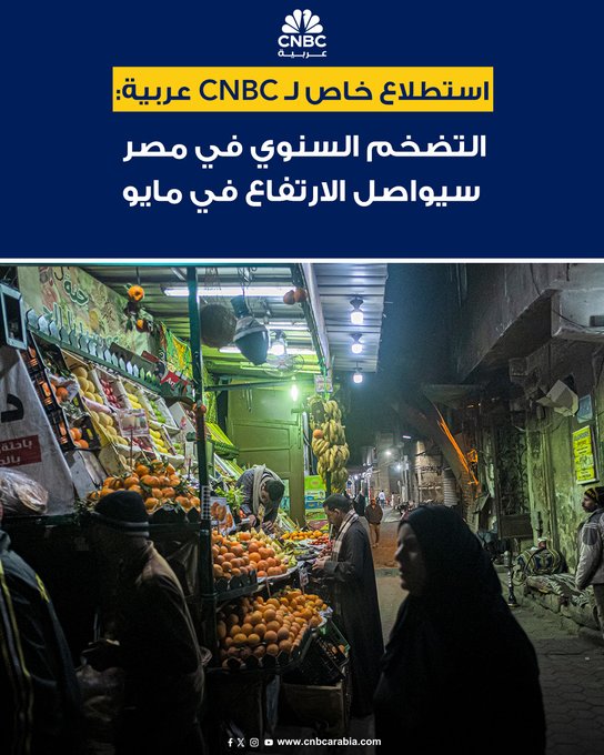 أظهر استطلاع حديث ل CNBC عربية أن التضخم السنوي في مصر مرشح للارتفاع للمرة الثالثة على التوالي خلال مايو 2025، بينما من المتوقع أن يتراجع بشكل محدود على أساس شهري #CNBC_عربية