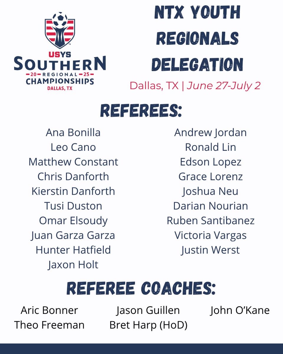 NTXRefProgram's tweet image. The NTX Referee Program would like to congratulate the following officials for being selected to represent NTX at various events across the state and region this summer! Well done and good luck to all! 👏