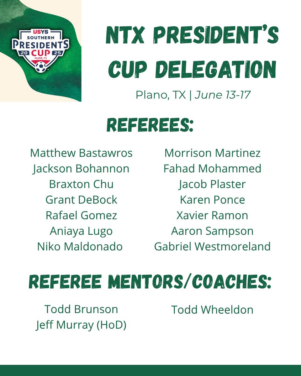 NTXRefProgram's tweet image. The NTX Referee Program would like to congratulate the following officials for being selected to represent NTX at various events across the state and region this summer! Well done and good luck to all! 👏