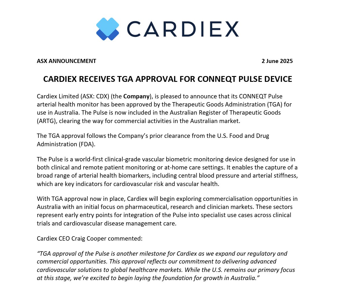 CardiexLimited's tweet photo. TGA approval secured ✅
Cardiex expands regulatory footprint with CONNEQT Pulse now listed on Australia’s ARTG—following prior FDA clearance.
Next step: commercialization across pharma, research & clinical markets.
🔗https://t.co/CHzlRLqUSj
#ASX $CDX #CONNEQTPulse https://t.co/qMlq0ueE66