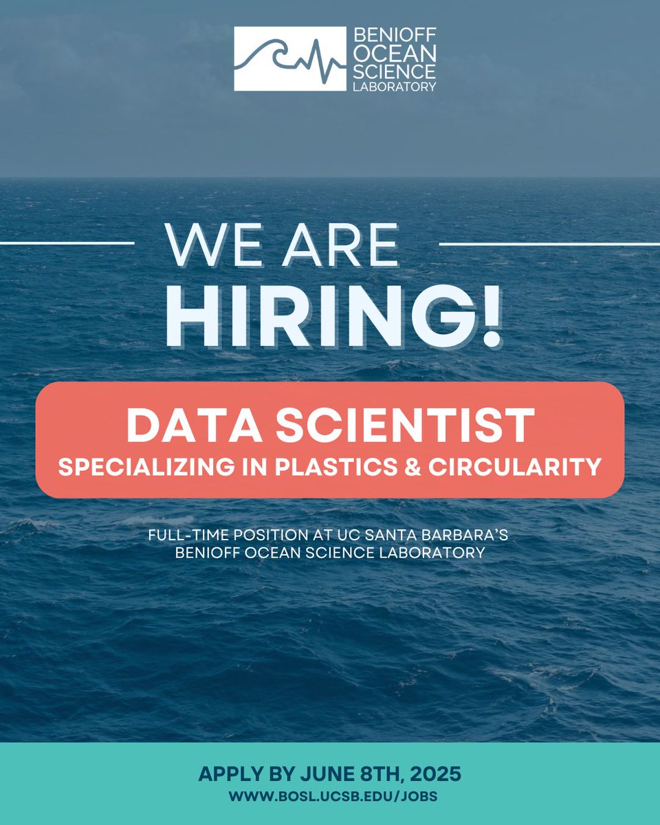 📢 We’re hiring a Data Scientist!

Join our team &amp; lead high-impact data analysis and visualization work to help tackle plastic pollution, drive circularity, and revolutionize waste management with data. 📊

🔗 Apply by June 8th for full consideration recruit.ap.ucsb.edu/JPF02979