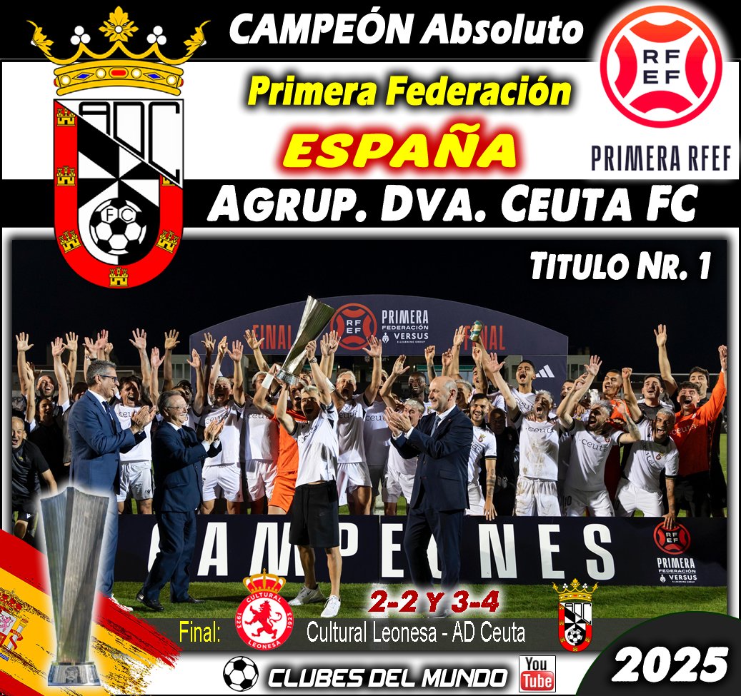 ClubsDelMundo's tweet photo. La AD CEUTA FC se proclama Campeón Absoluto de la PRIMERA FEDERACIÓN (Tercer Nivel Español), al remontar en la vuelta un 1-3 adverso ante la Leonesa. Enhorabuena. #Ceuta #VersusELearning #PrimeraRFEF #PrimeraFederacion #RFEF1 #LaLigaHypermotion @ADCeuta_FC https://t.co/QiOGhow4Eb