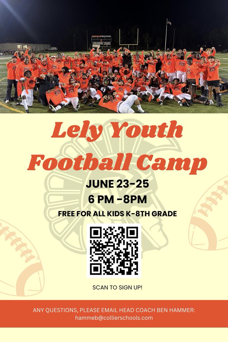 Come to Kids camp with Lely Football! It is free and all campers get a t shirt!

*We are looking for sponsors to cover the cost of T Shirts! You will get recognition on the back! 

docs.google.com/forms/d/e/1FAI…