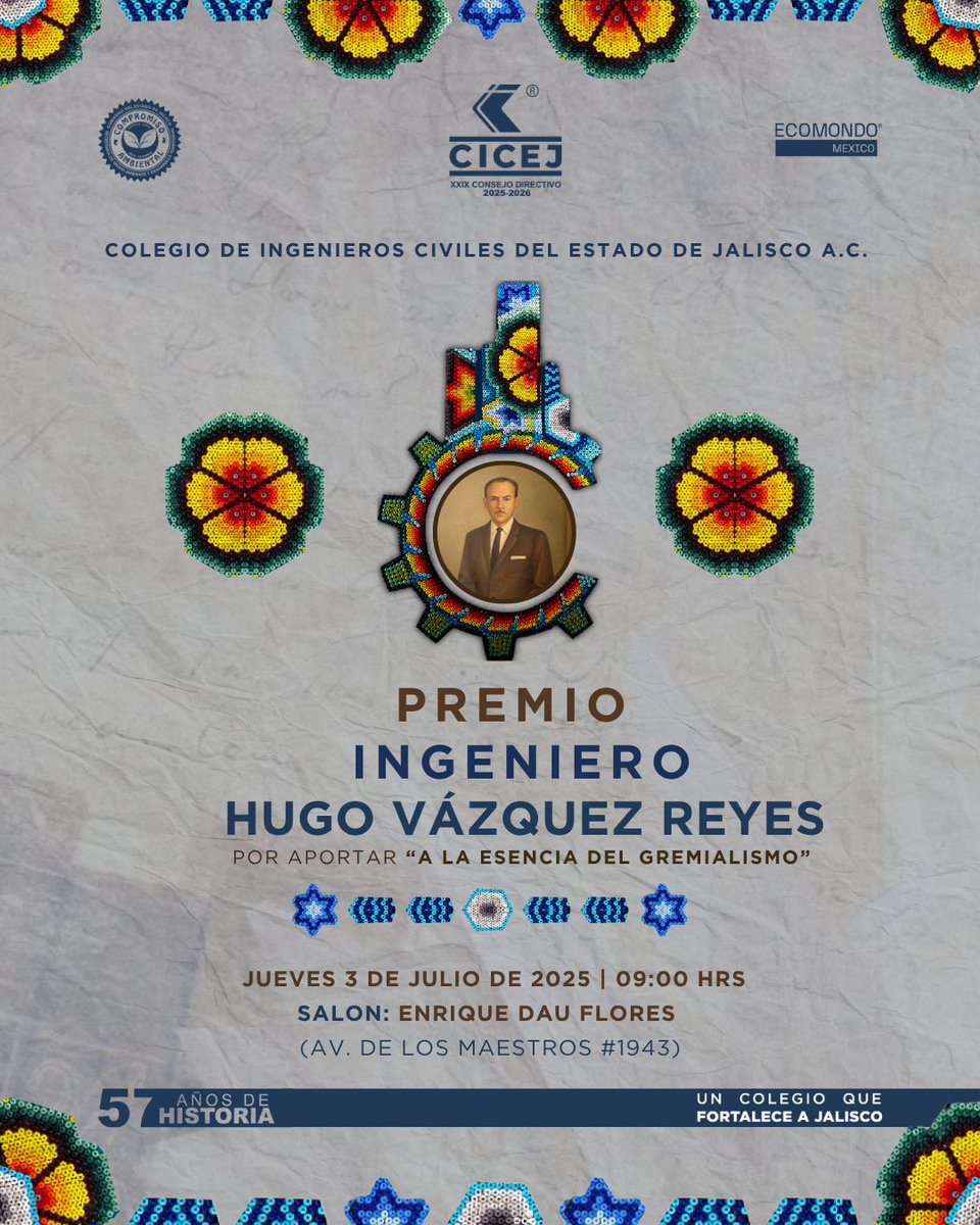 cicej_'s tweet photo. En el marco del Día Nacional del Ingeniero Civil en México (1° de Julio), el Colegio de Ingenieros Civiles del Estado de Jalisco, a través de sus Secciones Técnicas por Especialidad, convoca al proceso de selección del Premio "Ingeniero Hugo Vázquez Reyes", un reconocimiento otorgado a quienes han contribuido al fortalecimiento gremial con ética, liderazgo y compromiso.

Este galardón, entregado anualmente, resalta la trayectoria profesional y gremial de nuestras y nuestros ingenieros civiles activos.

🗓 Jueves 3 de julio de 2025
🕘 09:00 hrs
📍 Salón Enrique Dau Flores (Av. de los Maestros #1943,Fracc. Chapultepec Country, GDL)

Invitamos a nuestras Secciones Técnicas a postular y reconocer a quienes con su labor siguen aportando a la esencia del gremialismo.

📩 Consulta las bases completas en las imágenes adjuntas a este post, o directamente con tu Sección Técnica.

#UnColegioQueFortaleceAJalisco