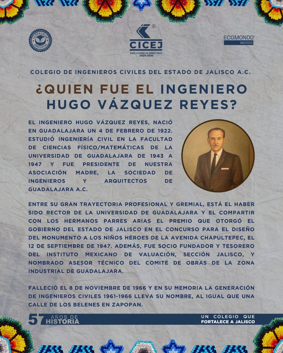 cicej_'s tweet photo. En el marco del Día Nacional del Ingeniero Civil en México (1° de Julio), el Colegio de Ingenieros Civiles del Estado de Jalisco, a través de sus Secciones Técnicas por Especialidad, convoca al proceso de selección del Premio "Ingeniero Hugo Vázquez Reyes", un reconocimiento otorgado a quienes han contribuido al fortalecimiento gremial con ética, liderazgo y compromiso.

Este galardón, entregado anualmente, resalta la trayectoria profesional y gremial de nuestras y nuestros ingenieros civiles activos.

🗓 Jueves 3 de julio de 2025
🕘 09:00 hrs
📍 Salón Enrique Dau Flores (Av. de los Maestros #1943,Fracc. Chapultepec Country, GDL)

Invitamos a nuestras Secciones Técnicas a postular y reconocer a quienes con su labor siguen aportando a la esencia del gremialismo.

📩 Consulta las bases completas en las imágenes adjuntas a este post, o directamente con tu Sección Técnica.

#UnColegioQueFortaleceAJalisco