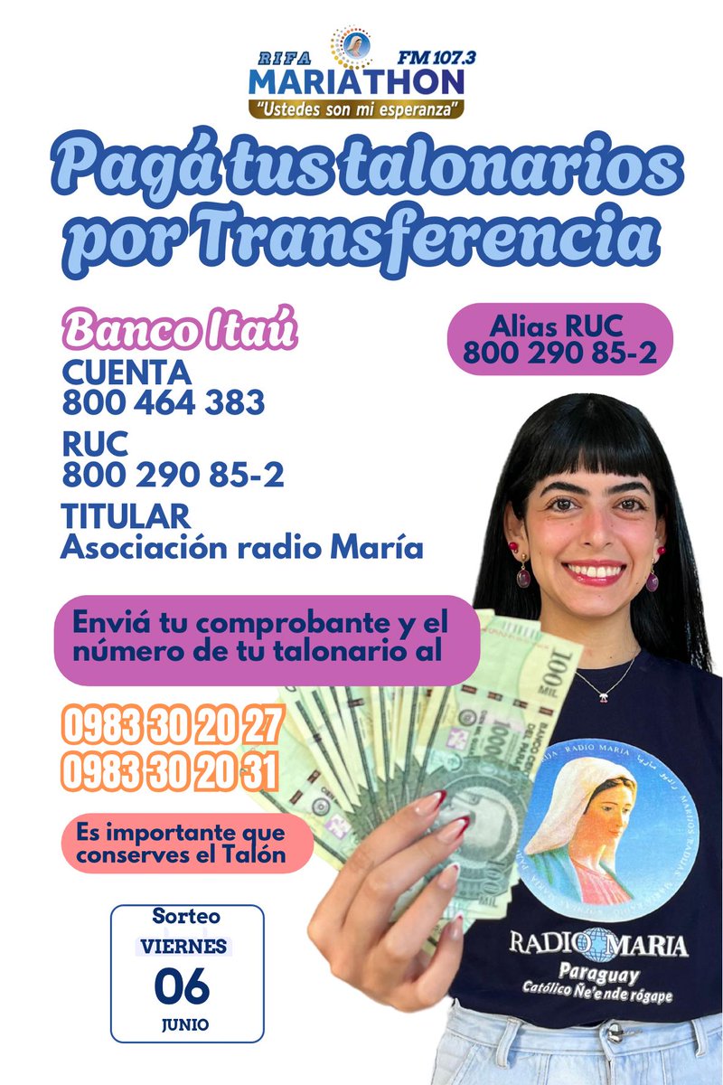 RMariaPY's tweet image. Si todavía queres comprar boletas o si ya tenes que entregar el importe de tu talonario, ya sabes! .
.
.

#mariathon
#radiomariapy
#fypシ