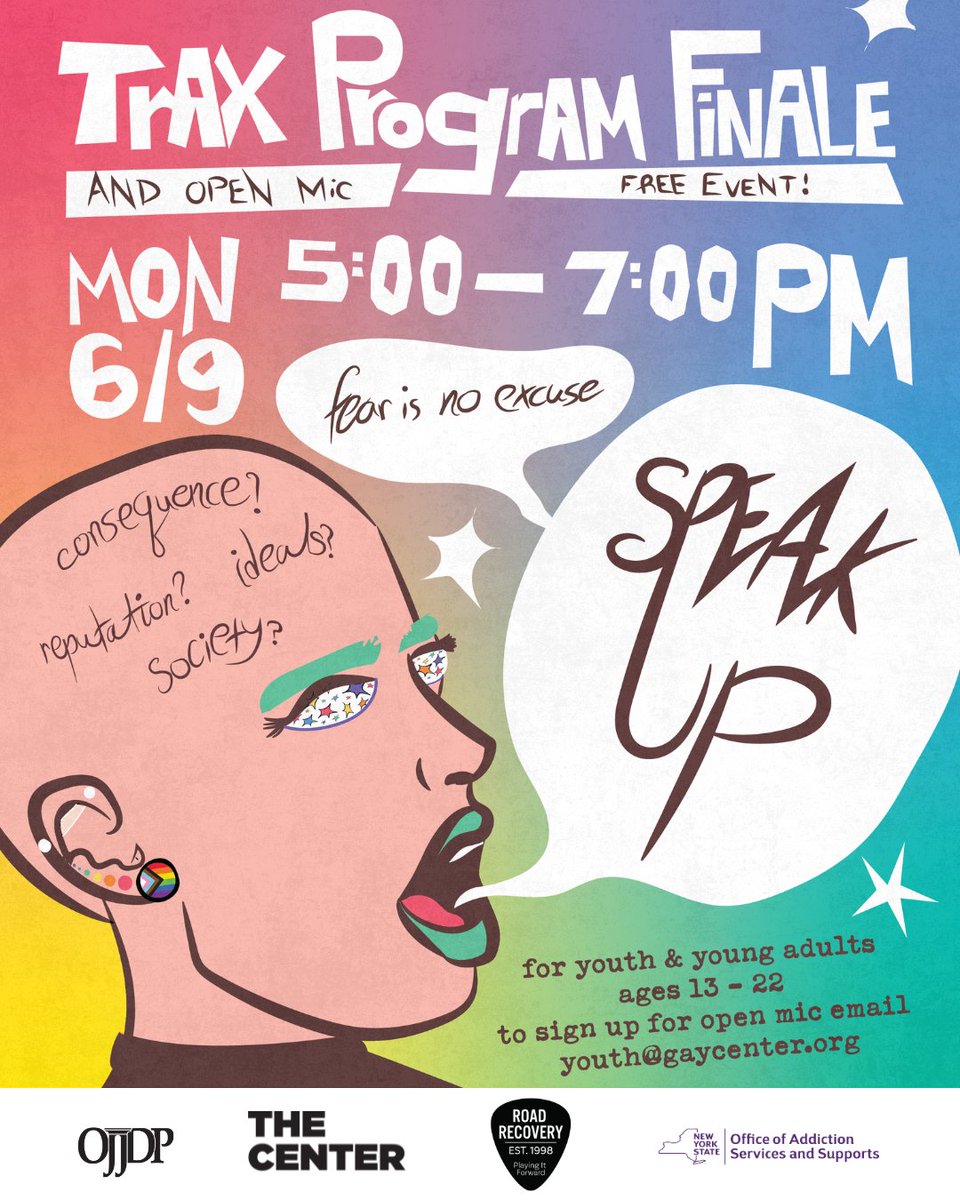 Speak Up! 
#TraxProgram Performance Finale &amp; Open Mic <a href="/LGBTCenterNYC/">The Center</a> on June 9 from 5pm-7pm.

🤘🏽Want an open mic slot? Email youth@gaycenter.org
🤘🏽Can't make it but still want to see the event? You can watch a highlights video in coming days on the Road Recovery <a href="/youtube/">YouTube</a> channel