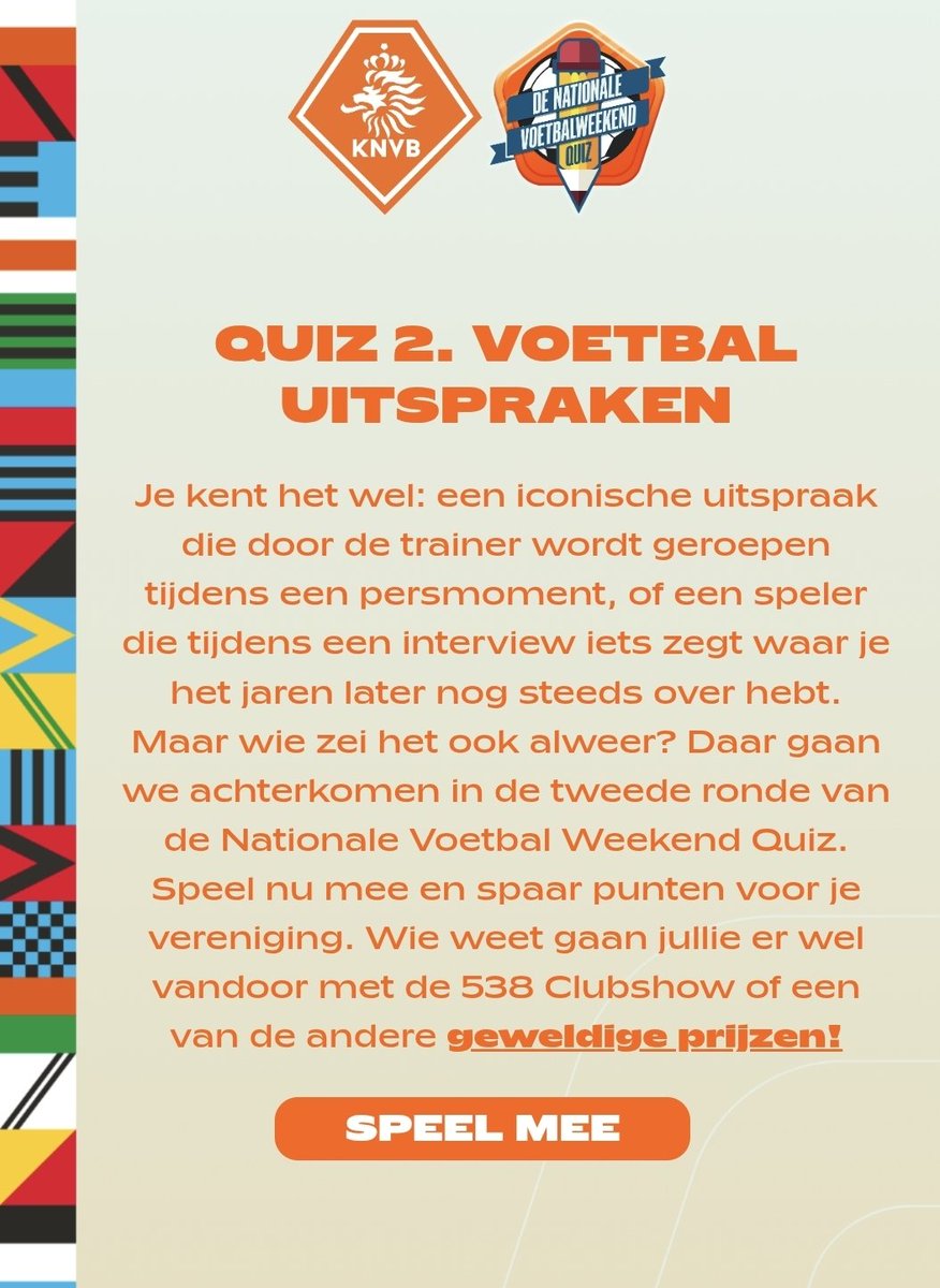 Help Blokkers uit Noord-Holland aan een mooie prijs. Speel een voetbalquiz over uitspraken van voetballers en coaches en win zelf ook.
acties.knvb.nl/nationalevoetb…