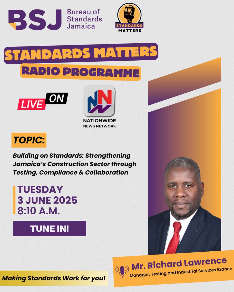 Join us this Tuesday, June 3, 2025 at 8:10 a.m. on Nationwide 90FM as Mr. Richard Lawrence, Manager, Testing and Industrial Services Branch, breaks down how testing, compliance, and collaboration are shaping the construction sector.

#BSJ #StandardsMatters  #Nationwide90FM