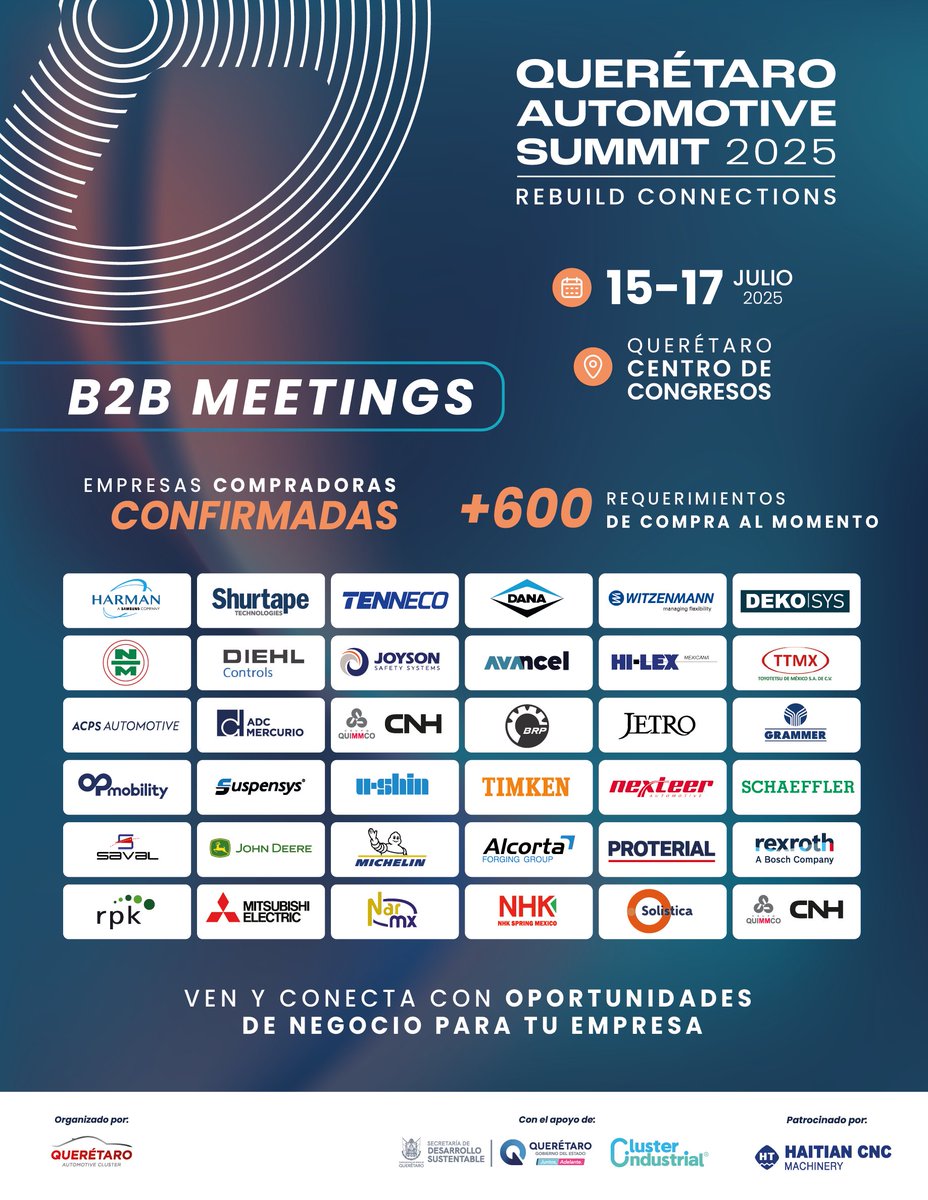🔥 #QuerétaroAutomotiveSummit2025 ¡EL EVENTO AUTOMOTRIZ DEL AÑO!
📍 Querétaro Centro de Congresos | 📅 15-17 JULIO 2025

🔗 Más info y brochure completo: qroautomotive.events/events/Automot…

#QAS2025 #B2B #IndustriaAutomotriz #Queretaro
