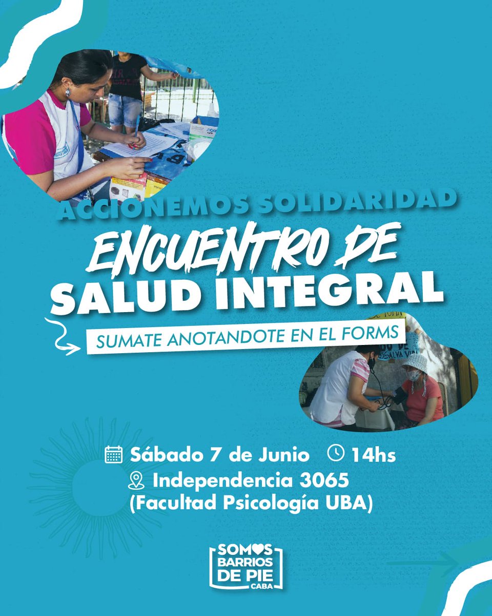🤜ACCIONAMOS SOLIDARIDAD🤛

Si te interesa el trabajo comunitario, si creés que es momento de hacer un aporte colectivo de alguna forma, si tenés ideas para traer. Sumate : 

🔵ENCUENTRO DE SALUD INTEGRAL
sábado 7 de Junio 14hs en Facultad de Psicología UBA