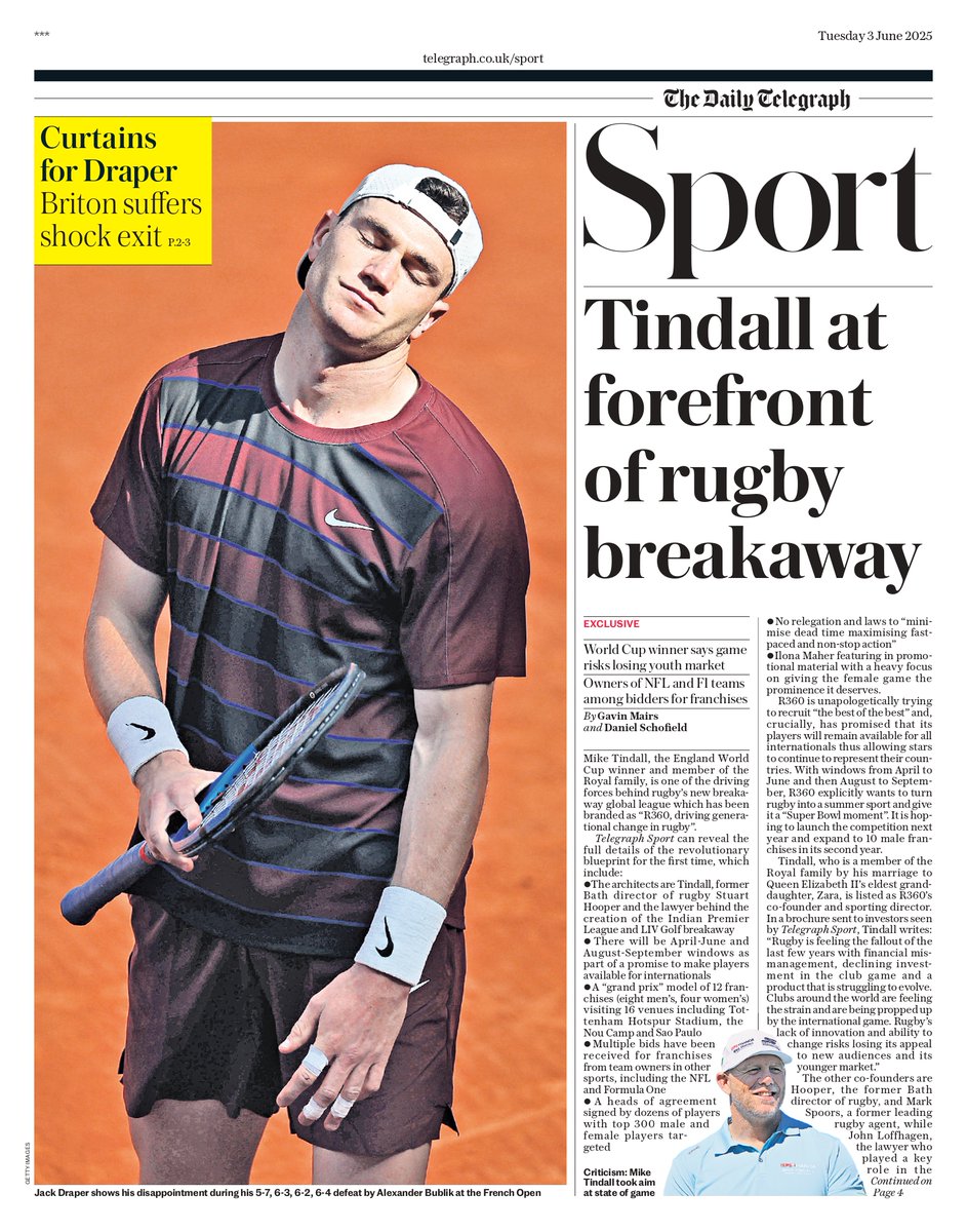 Daily Telegraph Sport: Tindall at forefront of rugby breakaway #TomorrowsPapersToday