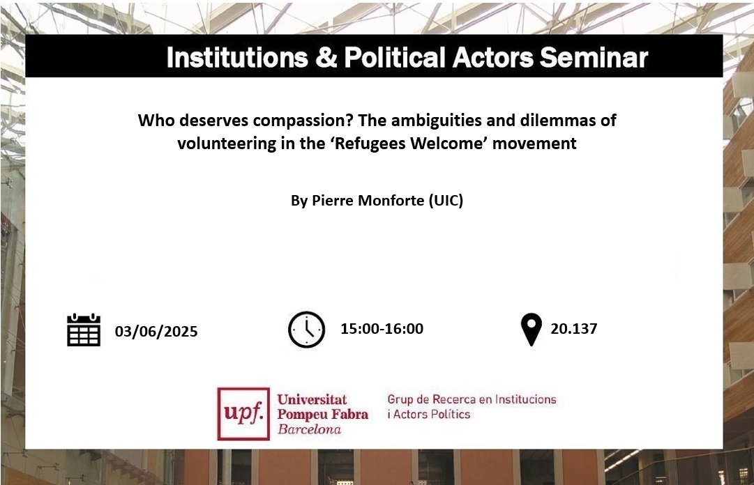 📢Seminar Announcement📢

Join us tomorrow (Tuesday) at 15:00 for a talk by guest speaker Pierre Monfort (UIC), on how volunteers in the UK and France navigate compassion, solidarity, and the idea of who “deserves” support in the Refugees Welcome movement