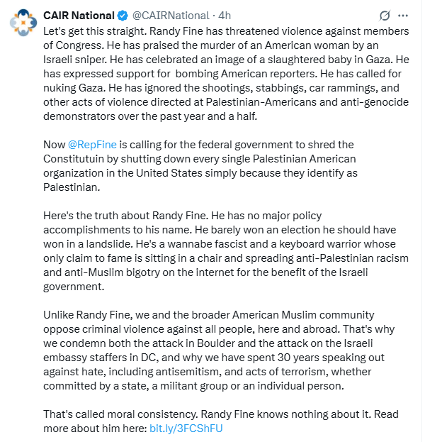 CAIRFlorida's tweet photo. @VoteRandyFine knows nothing about moral consistency. Read more about this racist hater here: https://t.co/VjmjNxDX04 | Here @CAIRNational &amp; @CAIRFlorida 's response to his latest hateful buffoonery: https://t.co/9AgZaU02pj