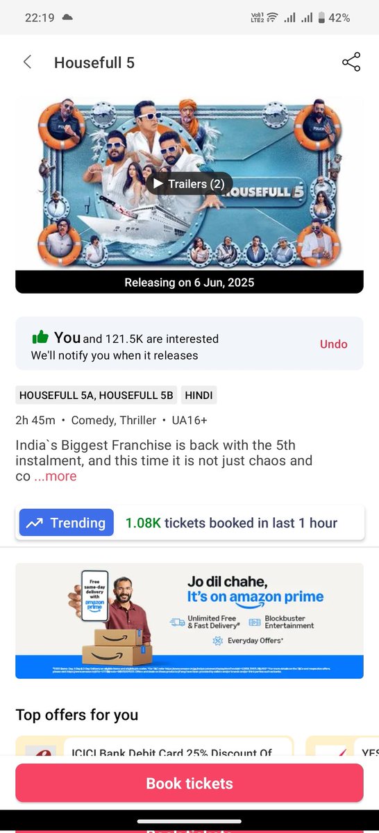 shekhu29's tweet photo. And here it begins
Tickets Per/hour trending has started on @bookmyshow before 3 days of release..
This is Great for #Housefull5
Now Expect the Unexpected..
Bholenath sab sahi karenge till then no fanwar with anyone Akkians..
Just pray for the best and enjoy..
#AkshayKumar𓃵 https://t.co/YwCJogpxOR